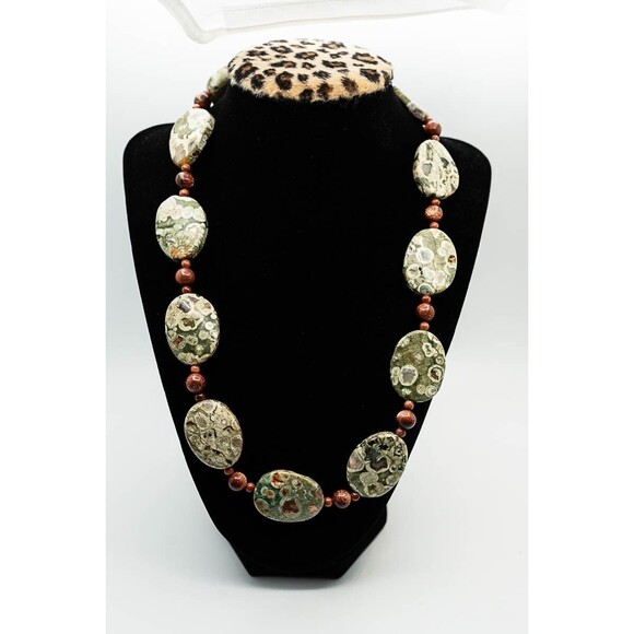 Green Jasper chunky natural stone necklace beaded Set with Earrings demi-parure - Picture 2 of 8